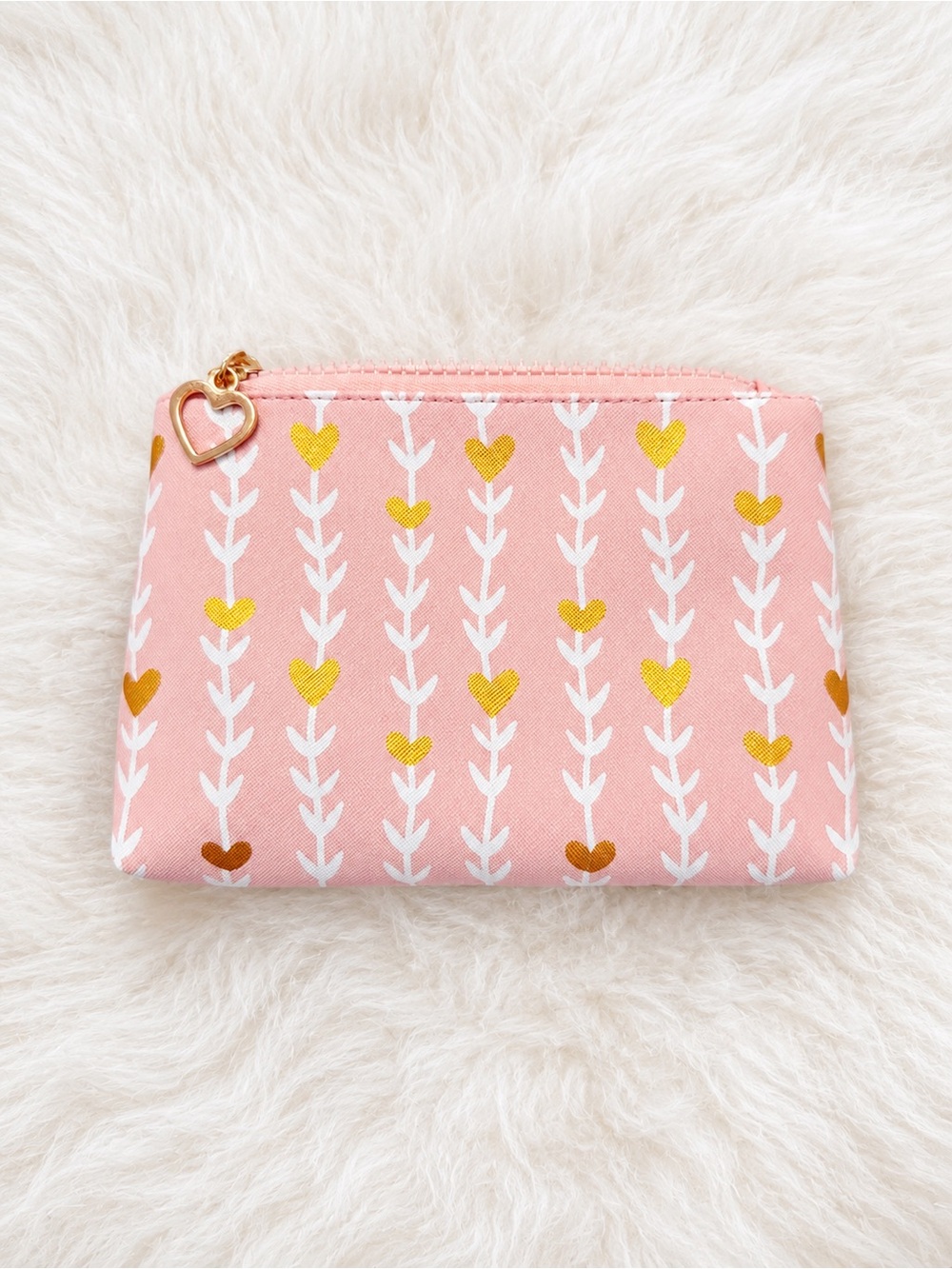 Pink Heart-Print Cosmetic Pouch with Gold Heart Zip Pull